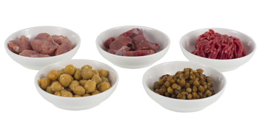 Bowls of beef, lamb, pork, legumes