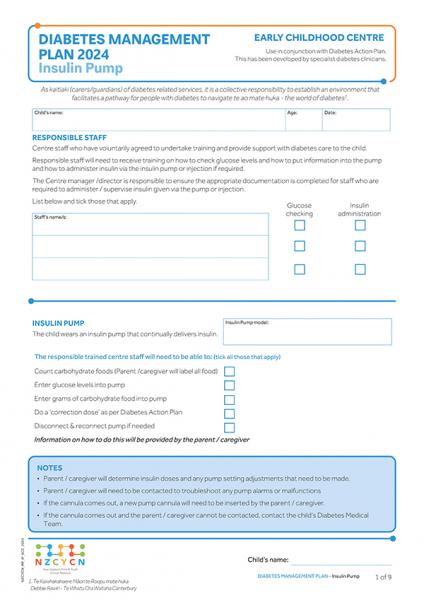 Image of diabetes management plan for early childhood centres - for tamariki who use insulin pumps