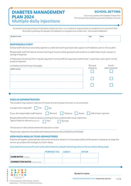 Image of diabetes management plan for primary and secondary schools - for tamariki and rangatahi who have multiple daily injections