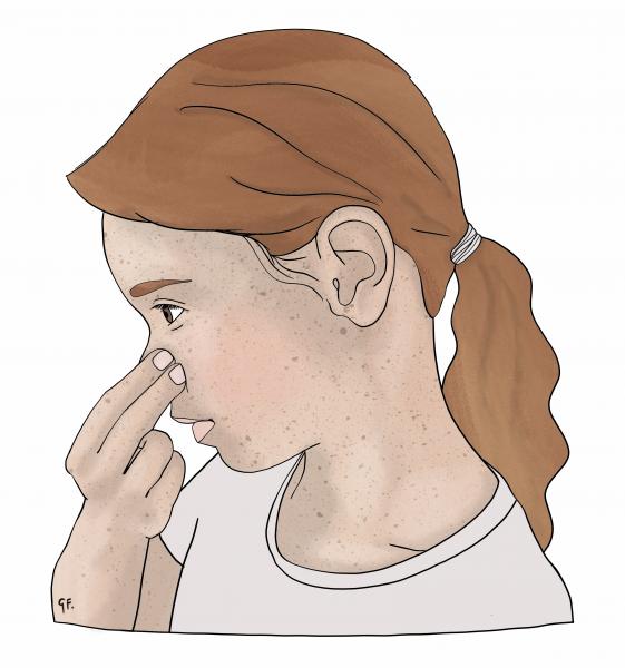 Illustration of a child holding the soft part of their nose indicating how to stop a nose bleed