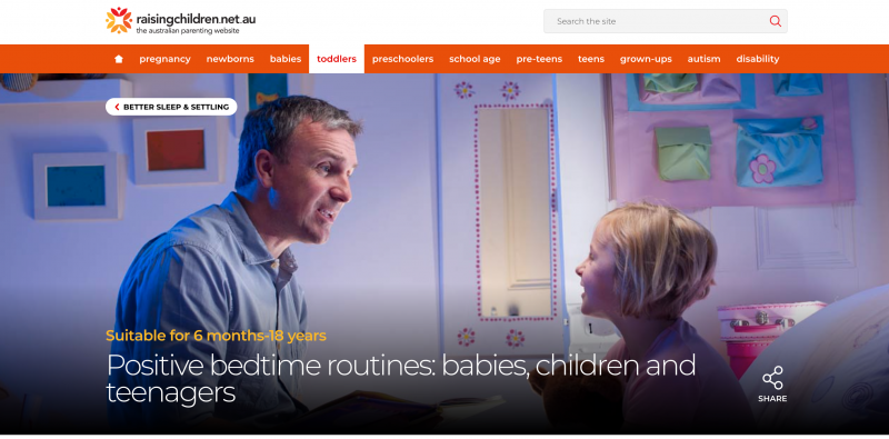 Screenshot of Raising Children website section on bedtime routine