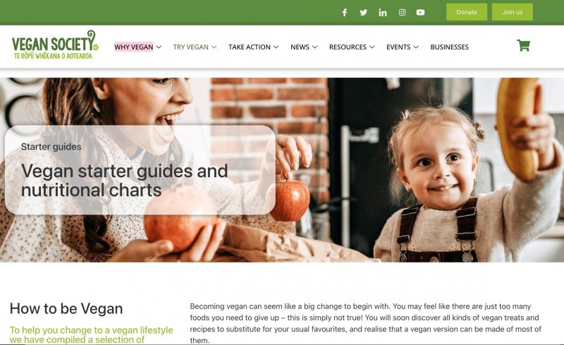 Screenshot of vegan society website
