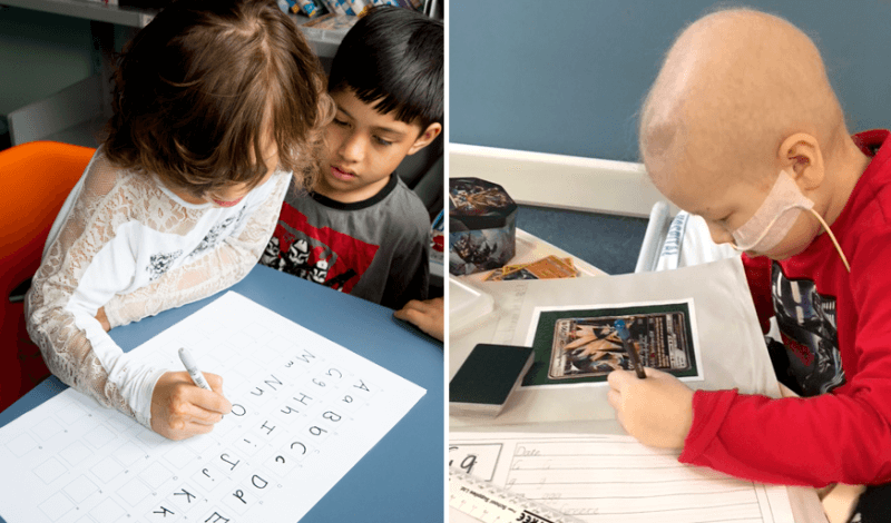 2 boys with cancer doing schoolwork