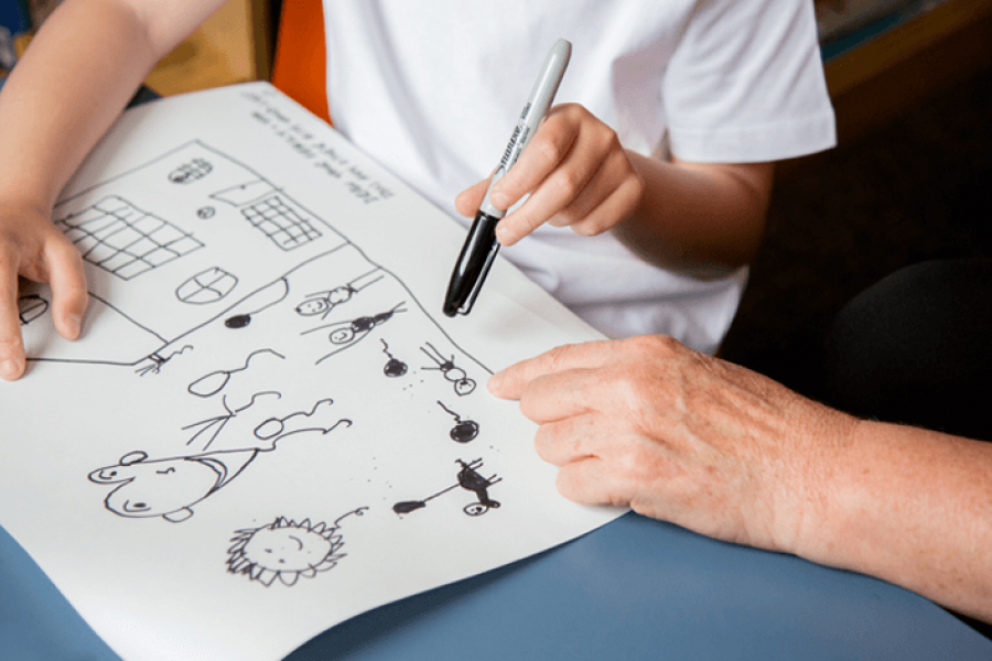 A piece of paper with drawings on it and a child's hands holding a pen. A teacher's hand is pointing to the drawing