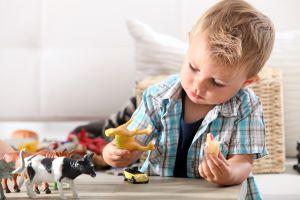 Young child playing with dinosaurs by himself